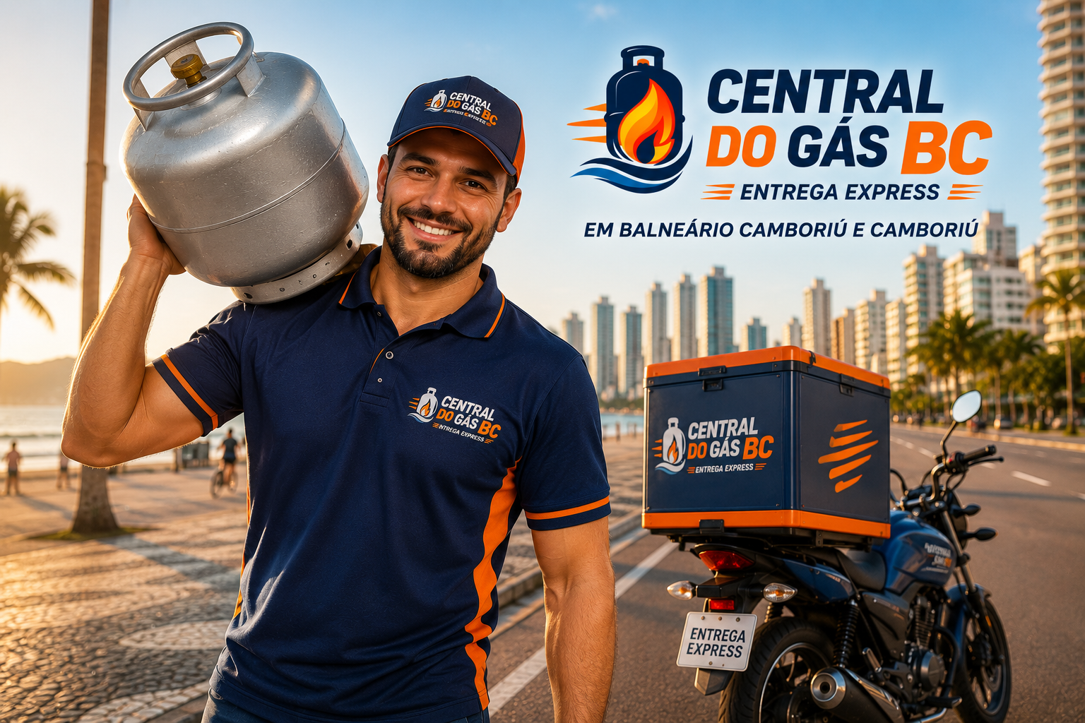 Entregador Central do Gás BC com botijão de gás em Balneário Camboriú